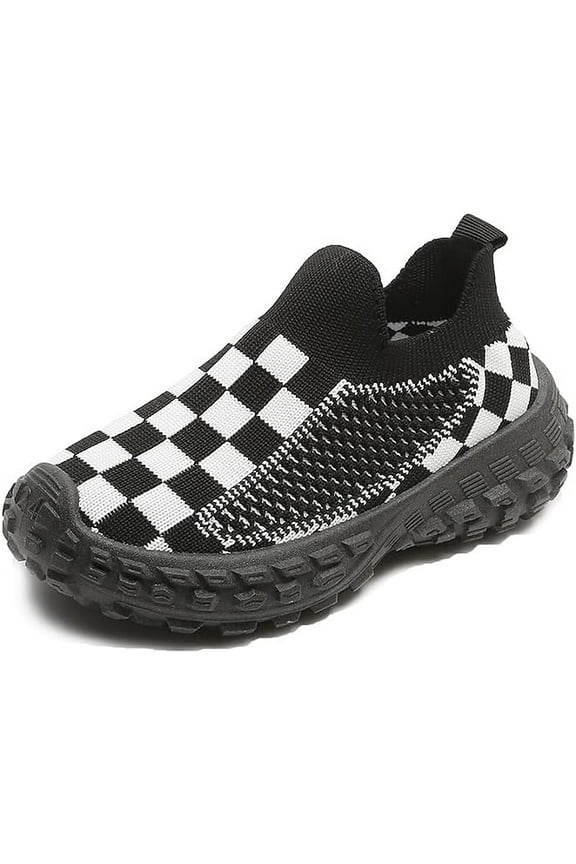 Kids easy wear Sneakers, Contrast Grid Motif, Black/White Color Scheme, Breathable Fabric Construction