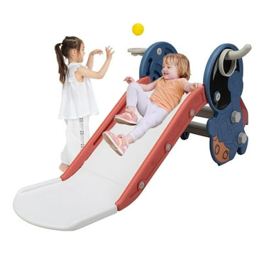 Kids-gift! 3 in 1 Freestanding Toddler Slide, Indoor Outdoor Playground with Basketball Hoop and Ball for Kids Under 3 Years, Red & Blue