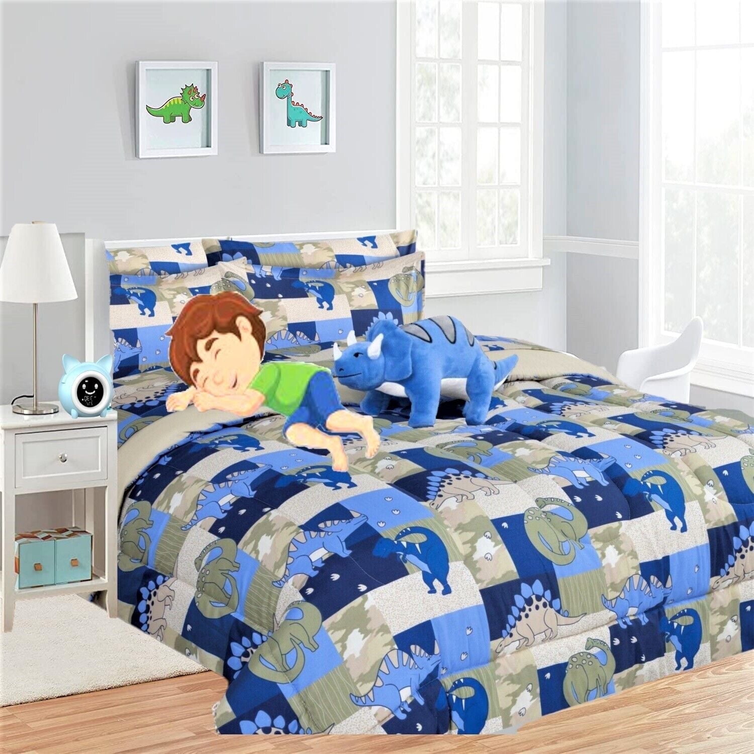 Kids girls boys comforter set bed in bag big dinosaur printed easy wash ...