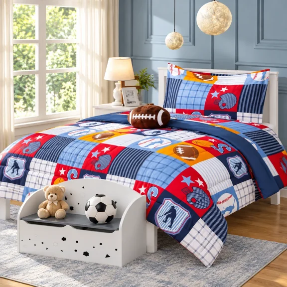 Gorgeous Home Linen Bedding Set Twin 6pc Patchwork Sport Complete Bed in Bag Comforter with Plushie Toy Friend and Matching Sheet Set Bedroom Decor.