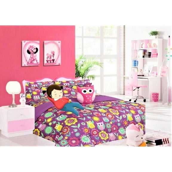 Comforter Set Bed in Bag Owl Hot Pink Printed Twin 6- Pieces Super Soft Bedding Bedroom Decor