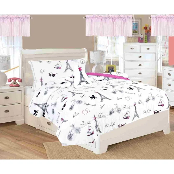 Paris Eiffel Tower Printed Twin Size Comforter Set 6 Pieces Super Soft with Sheet Set and Pillow Plushie Toy Bedding Décor