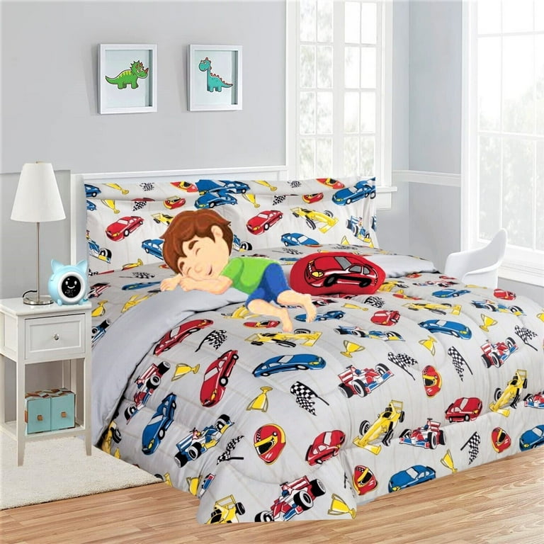 Kids girls boys comforter set bed in bag race cars red printed easy wash twin size 6 pieces super soft bedding d cor