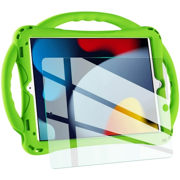 Kids iPad Case 10.2 Inch - Shockproof Silicone Cover with Tempered Glass Screen Protector & Strap - Compatible with iPad 9th/8th/7th Gen (2021/2020/2019) (Green)