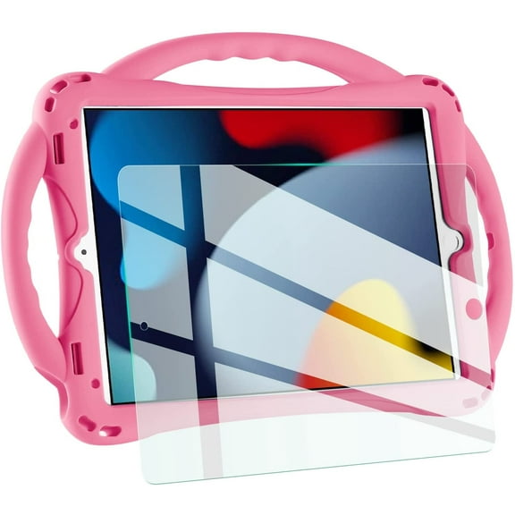 Kids iPad Case 10.2 Inch - Shockproof Silicone Cover with Tempered Glass Screen Protector & Strap - Compatible with iPad 9th/8th/7th Gen (2021/2020/2019) (Pink)