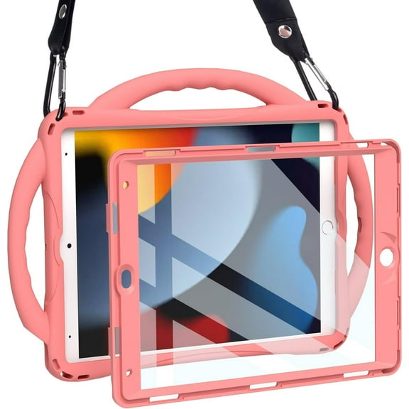 Kids iPad Case 10.2 Inch for iPad 9th/8th/7th Gen, Shockproof Silicone Cover with Built-in Screen Protector, Handle, Kickstand & Removable Strap (Pink)