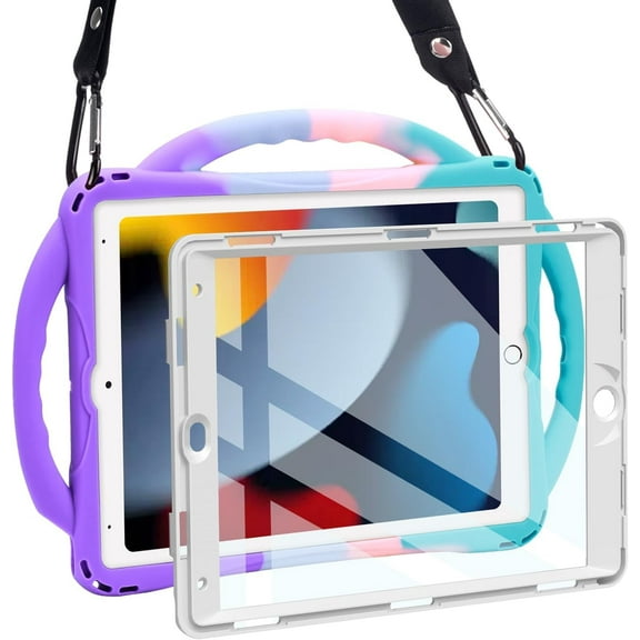 Kids iPad Case 10.2 Inch for iPad 9th/8th/7th Gen, Shockproof Silicone Cover with Built-in Screen Protector, Handle, Kickstand & Removable Strap (Purple-Blue)