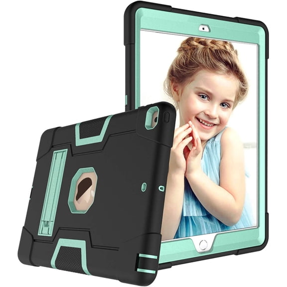 Kids iPad Case for iPad 9th / 8th / 7th Generation (2021/2020/2019) 10.2 Inch, Slim Duty Drop Proof Shockproof Protective Cover with Kickstand for Apple iPad 10.2 inch (Black&Aqua)