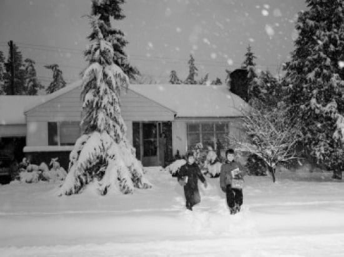Kids leaving home during heavy snow fall Canvas Art - (18 x 24)