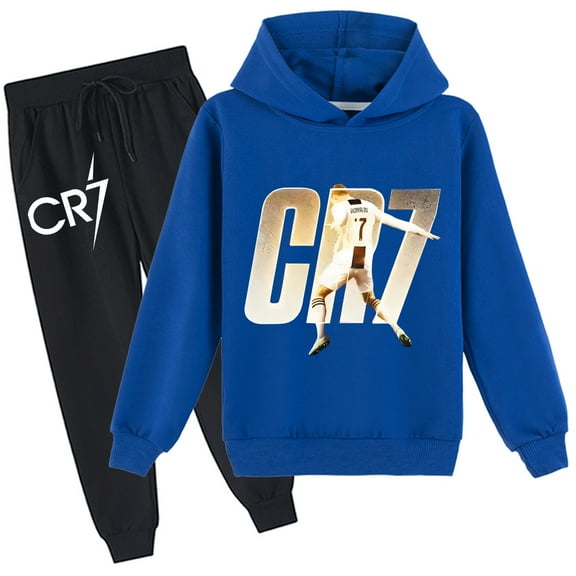 Kids' pullover hoodie with sweatpants, Cristiano Ronaldo design, loose fit, boys girls.