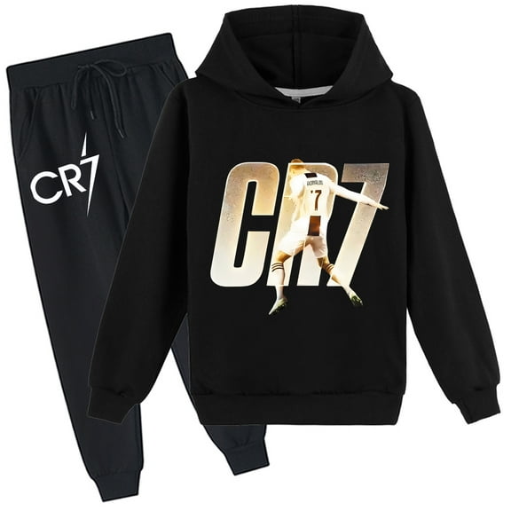 Kids' pullover hoodie with sweatpants, Cristiano Ronaldo design, loose fit, boys girls.