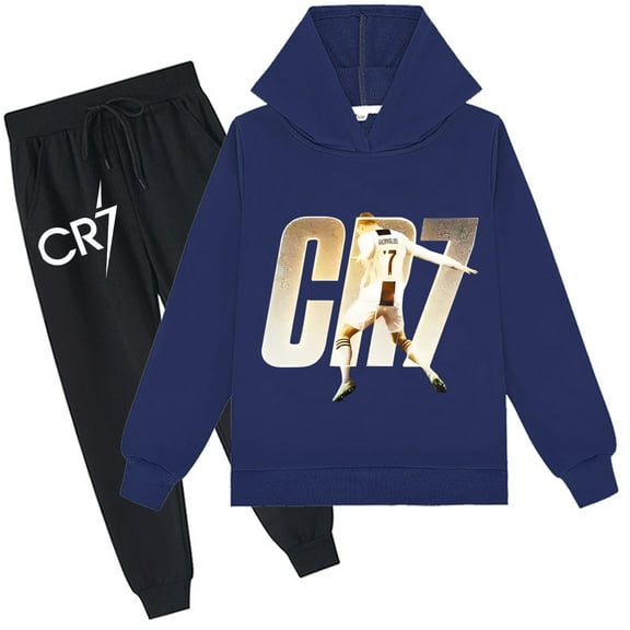 Kids' pullover hoodie with sweatpants, Cristiano Ronaldo design, loose fit, boys girls.