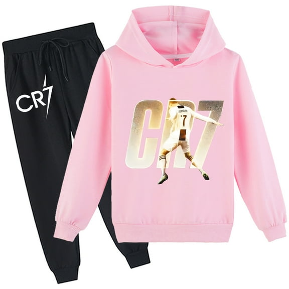 Kids' pullover hoodie with sweatpants, Cristiano Ronaldo design, loose fit, boys girls.