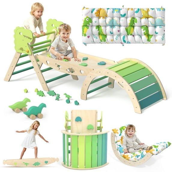 KidsBuddy 9 in 1 Pikler Triangle Set Climbing Toys for Toddlers 1-3 Indoor, Montessori Toys Playground Climbers, Wooden Climbing Toys with Cushion, Maze, Shape Sorting Toys, Dinosaur Car