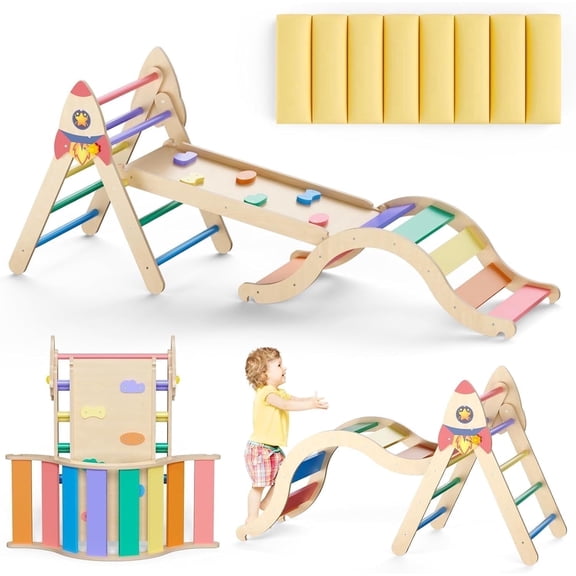 KidsBuddy Pikler Triangle Set with Cushion, 9-in-1 Kids Climbing Toys for Toddlers 1-3 Inside,Montessori Toddler Climbing Toys Indoor,Baby Playground for Children (Rocket Pattern)