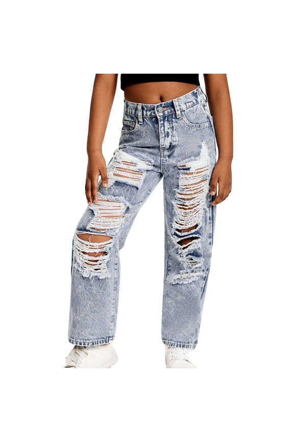 KidsGirls' Fashion Jeans Elastic High Waist Ripped Wide Leg Baggy Pants Pants for Teen Girls Pants Girls 12-13 Years Girls Fashion
