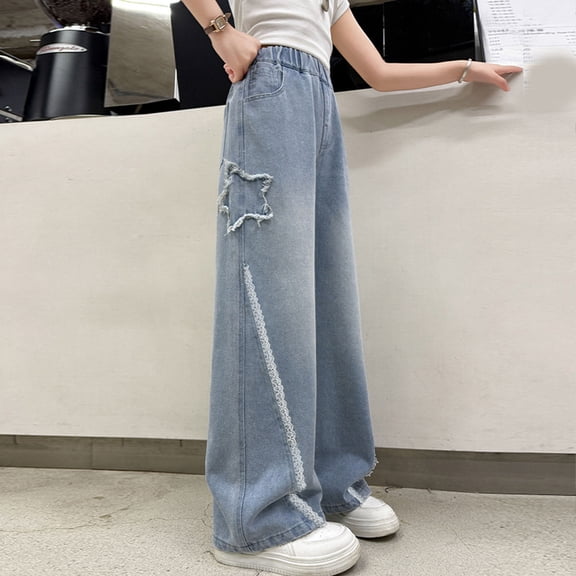 KidsGirls' Fashion Jeans Elastic High Waist Ripped Wide Leg Pants Trousers Teen Clothing Cute Baggy Jeans 10-11 Years Girls Fashion