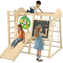 Kidsbuddy 9-in-1 Indoor Jungle Gym, Indoor Playground for Kids, Gym Equipment, Wooden Climber Set with Swing, Slide, Monkey Bars,Climbing Neting&Ladder, Dart Board(Car Pattern With Side Ladder)