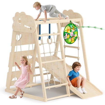 Kidsbuddy 9-in-1 Toddler Indoor Jungle Gym & Playground Set, Wooden Climber Set with Swing, Slide, Monkey Bars, Climbing Neting, Upright Ladder, Climbing Ladder, Rings, Dart Board(Dinosaur Pattern)