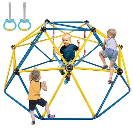 Kidsbuddy Climbing Dome 10 FT Dome Climber with Hanging Ring & Swing for Kids Outdoor Play Equipment, Supports up to 600lbs Jungle Gym Backyard Climbing Toys, Anti-Rust, Yellow+ Blue