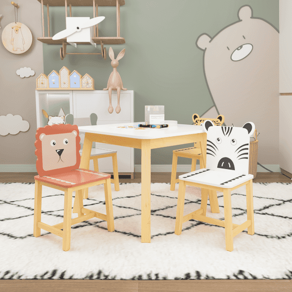 Kidsbuddy Kids Table and Chairs Set, 5 Pieces Kids Wood Table with 4 Chairs Set Cartoon Animals (bigger table) (3-8 years old)