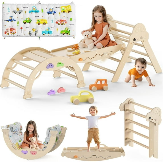 Kidsbuddy Pikler Triangle Set with Cushion, 9 in 1 Foldable Montessori Climbing Toys for Toddlers 1-3, Indoor Wooden Kids Playground Baby Climber with Maze Toys, Shape Sorter Toys, Car Toys