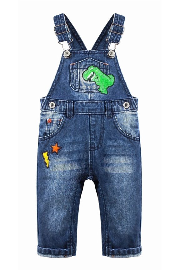 KIDSCOOL Toddler Baby Bib Denim Overalls Dinosaur Embroidery Jean Romper,Blue,2-3 Years