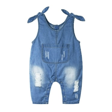 Kidscool Space Baby Girls Big Bib Pocket Ripped Bowknot Decor Jeans Coveralls,Blue,2-3 Years