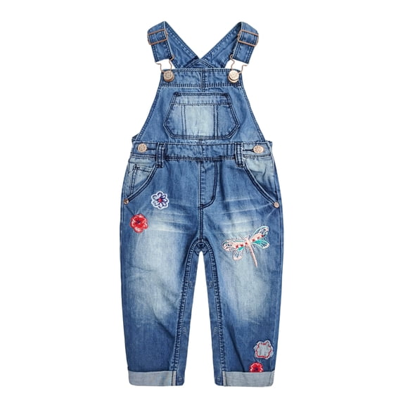 Kidscool Space Baby Girls Easy Diaper Changing Snap Legs Flower Embroidered Denim Overalls,Blue,9-12 Months