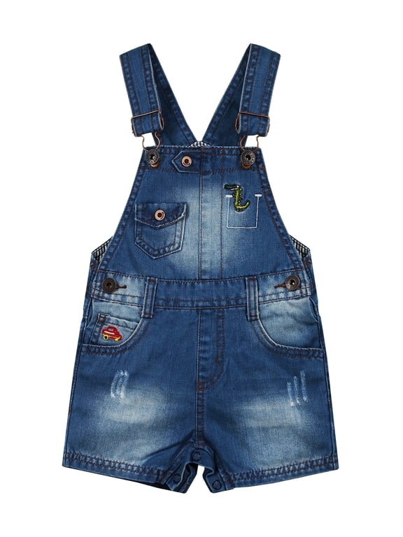 Baby & Little Boys Dinosaur Car Embroidered Ripped Fashion Denim Shortalls,Blue,18-24 Months