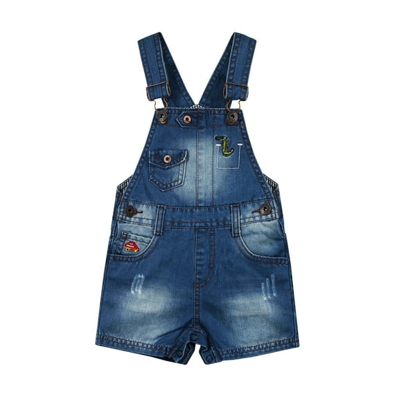 Kidscool Space Baby & Little Boys Dinosaur Car Embroidered Ripped Fashion Denim Shortalls,Blue,6-12 Months