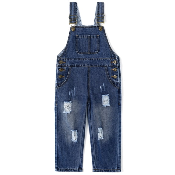 Kidscool Space Baby & Little Girls Big Pleated Bib Pocket Sidekick Ripped Fashion Denim Overalls,Blue,3-4 Years