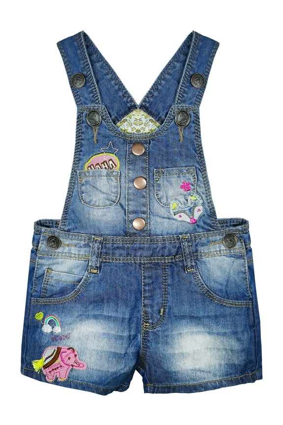 Baby & Little Girls Pink Elephant & Rainbow embroidereded Moustached Effect Denim Shortalls,Blue,3-4 Years