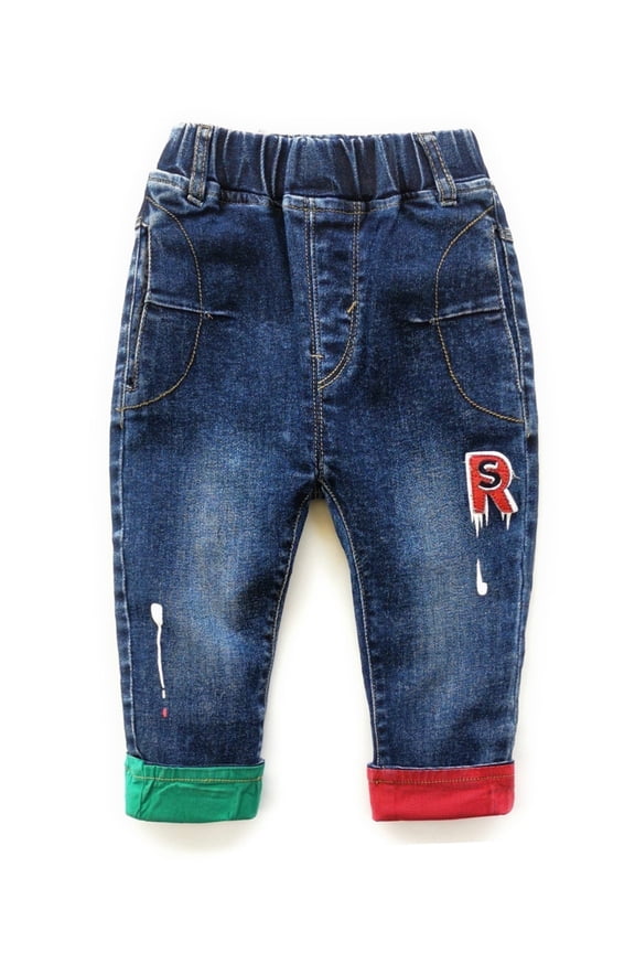 Baby Toddler Different Color Leg Opening Letters Decor Fashion Jeans,Blue,18-24 Months