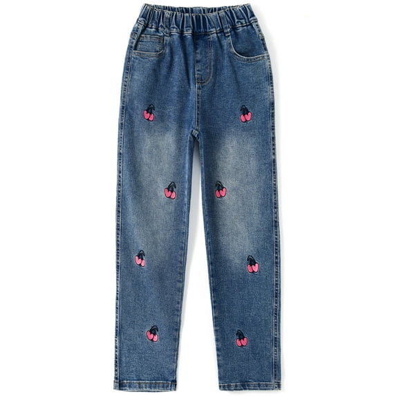 Kidscool Space Girls Cherry Embroidered Washed Elastic Waist Cotton Jeans,Light Blue,6-7 Years