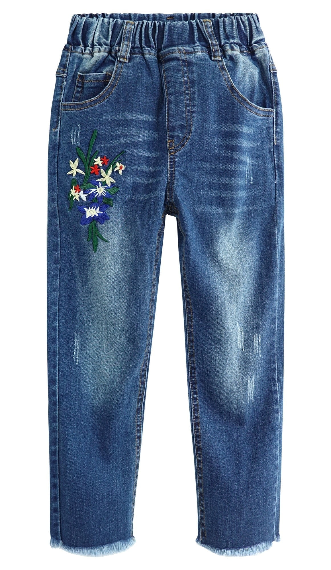 KIDSCOOL SPACE Jeans para niña, banda elástica para niños, pantalones de mezclilla rasgados en el interior, Azul-2339