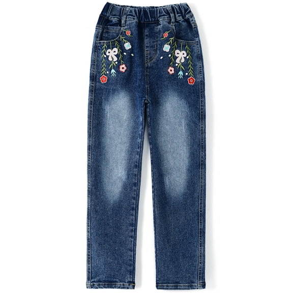 Kidscool Space Girls Floral Embroidered Ripped Washed Elastic Waist Jeans,Flower and Bowknot,10-11 Years