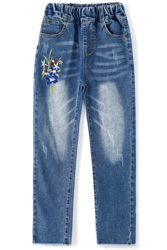 KIDSCOOL Girls Embroidered Jeans,4-15T Ribbed Elastic Waist Denim Pants,Blue,11-12 Years