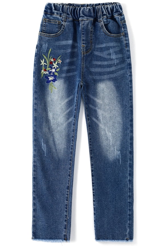 Girls Floral Embroidered Ripped Washed Elastic Waist Jeans,Flower and Bowknot,11-12 Years