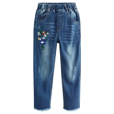 Kidscool Space Girls Floral Embroidered Ripped Washed Elastic Waist Jeans,Flower and Bowknot,11-12 Years