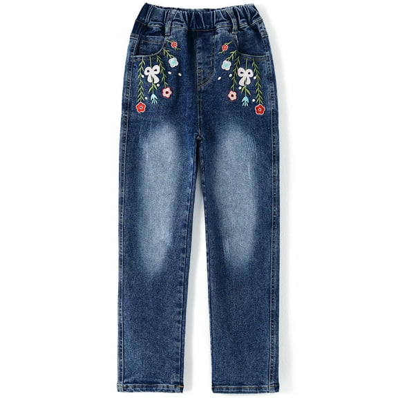 Kidscool Space Girls Floral Embroidered Ripped Washed Elastic Waist Jeans,Flower and Bowknot,6-7 Years