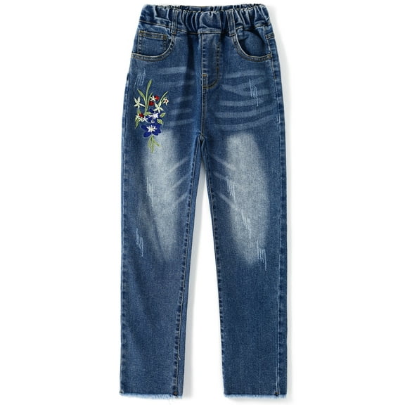 Kidscool Space Girls Floral Embroidered Ripped Washed Elastic Waist Jeans,Flower and Bowknot,6-7 Years