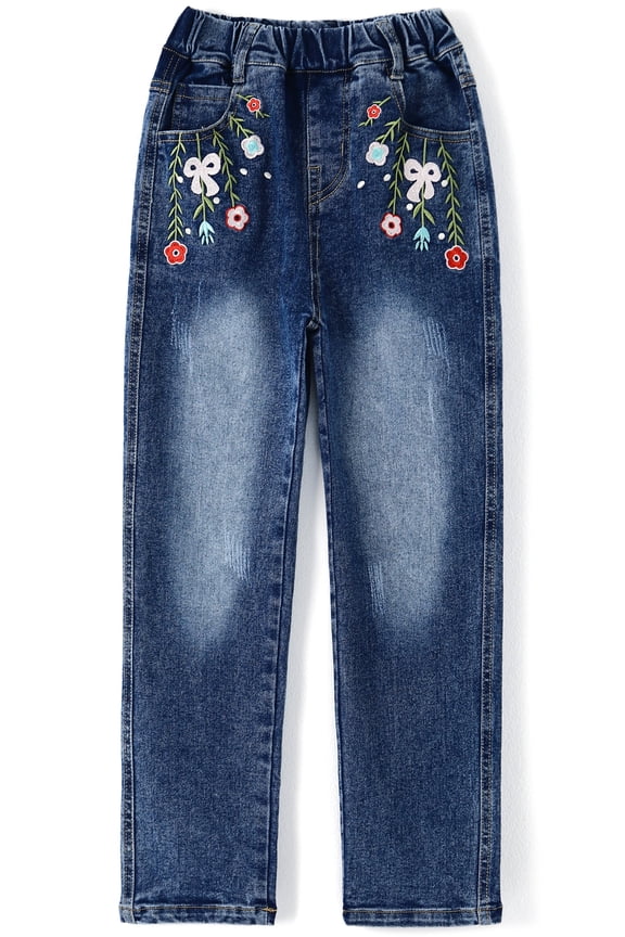 Girls Floral Embroidered Ripped Washed Elastic Waist Jeans,Flower and Bowknot,7-8 Years