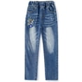 thumbnail image 1 of KIDSCOOL Girls Embroidered Jeans,4-15T Ribbed Elastic Waist Denim Pants,Blue,7-8 Years, 1 of 7