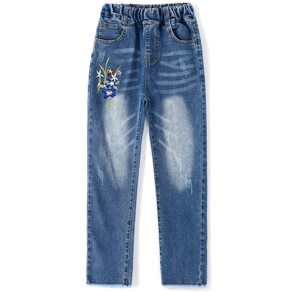 KIDSCOOL Girls Embroidered Jeans,4-15T Ribbed Elastic Waist Denim Pants,Blue,7-8 Years
