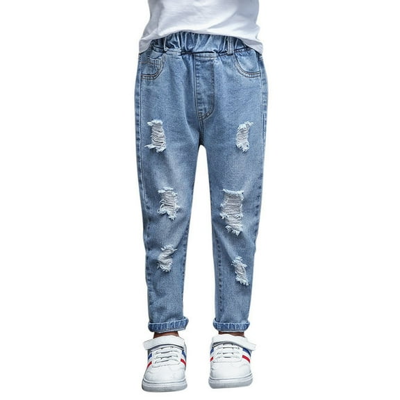 Kidscool Space Girls Ripped Holes Damaged Fashion Jeans,Blue,7-8 Years