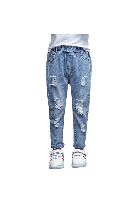 Girls Ripped Holes Damaged Fashion Jeans,Blue,9-10 Years