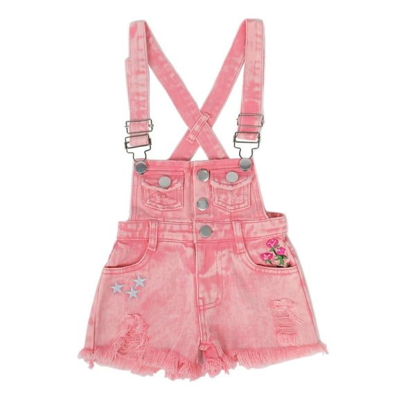Kidscool Space Girls Stars Rose Embroidered Raw Edge Ripped Fashion Denim Shortalls,Pink,4-5 Years
