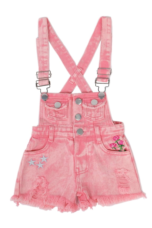 Girls Stars Rose Embroidered Raw Edge Ripped Fashion Denim Shortalls,Pink,5-6 Years