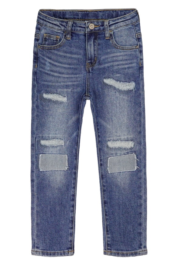 Kids Ripped Fashion Elastic Band Inside Patched Slim Jeans,Blue,5-6 Years